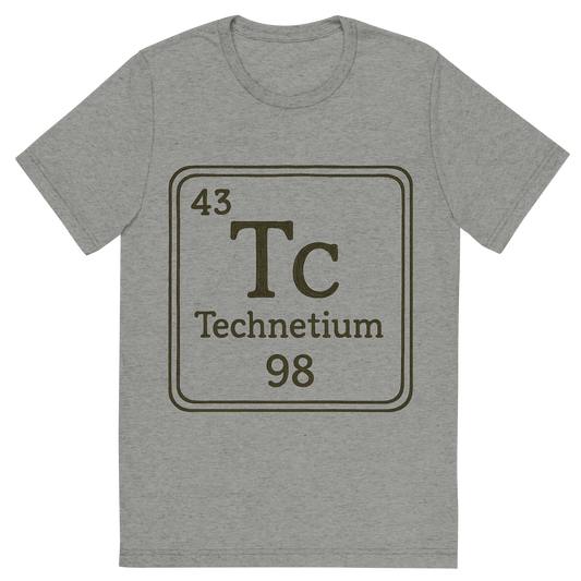 Front view of a Premium Tri-Blend Crew Neck T-Shirt in Athletic Grey showing 'A line art, nostalgic graphic of technetium's entry on the periodic table, use a dark color for the lines and text'