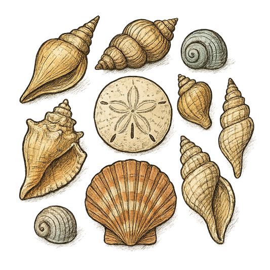A hand-drawn ink with pops of color, natural graphic of a hand-drawn collection of various seashells (conch, scallop, spiral, sand dollar) arranged artistically, ink with pops of color, square layout, transparent background, optimized for dtg printing - a t-shirt design