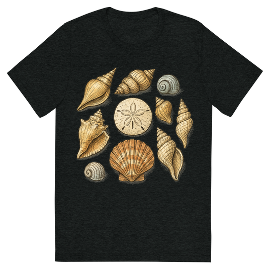 Front view of a Premium Tri-Blend Crew Neck T-Shirt in Charcoal-Black showing 'A hand-drawn ink with pops of color, natural graphic of a hand-drawn collection of various seashells (conch, scallop, spiral, sand dollar) arranged artistically, ink with pops of color, square layout, transparent background, optimized for dtg printing'