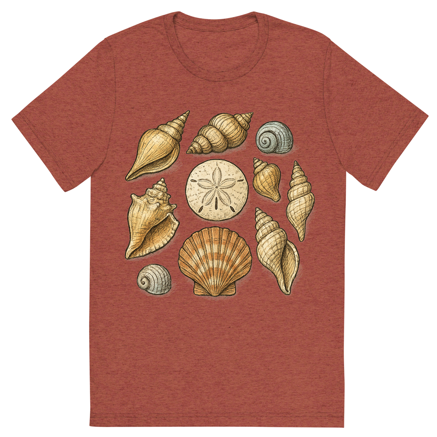 Front view of a Premium Tri-Blend Crew Neck T-Shirt in Clay showing 'A hand-drawn ink with pops of color, natural graphic of a hand-drawn collection of various seashells (conch, scallop, spiral, sand dollar) arranged artistically, ink with pops of color, square layout, transparent background, optimized for dtg printing'
