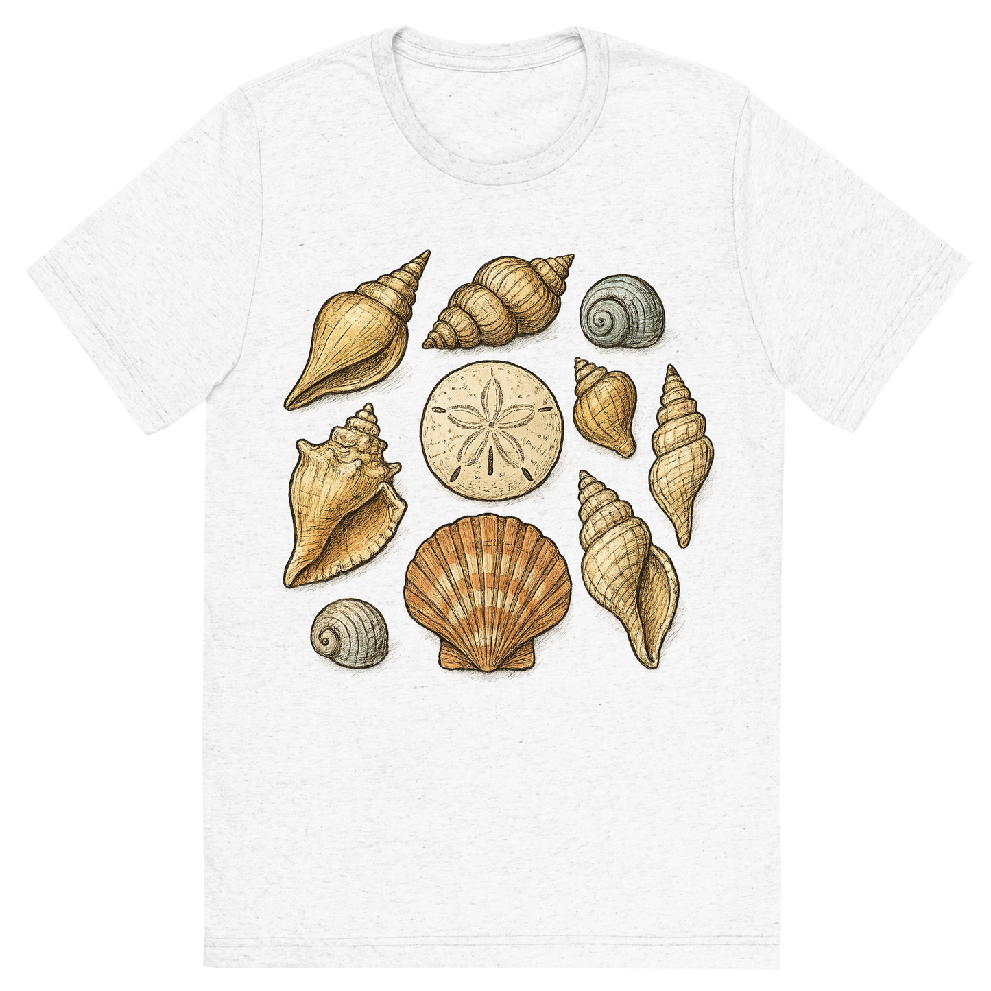 Front view of a Premium Tri-Blend Crew Neck T-Shirt in Solid White showing 'A hand-drawn ink with pops of color, natural graphic of a hand-drawn collection of various seashells (conch, scallop, spiral, sand dollar) arranged artistically, ink with pops of color, square layout, transparent background, optimized for dtg printing'