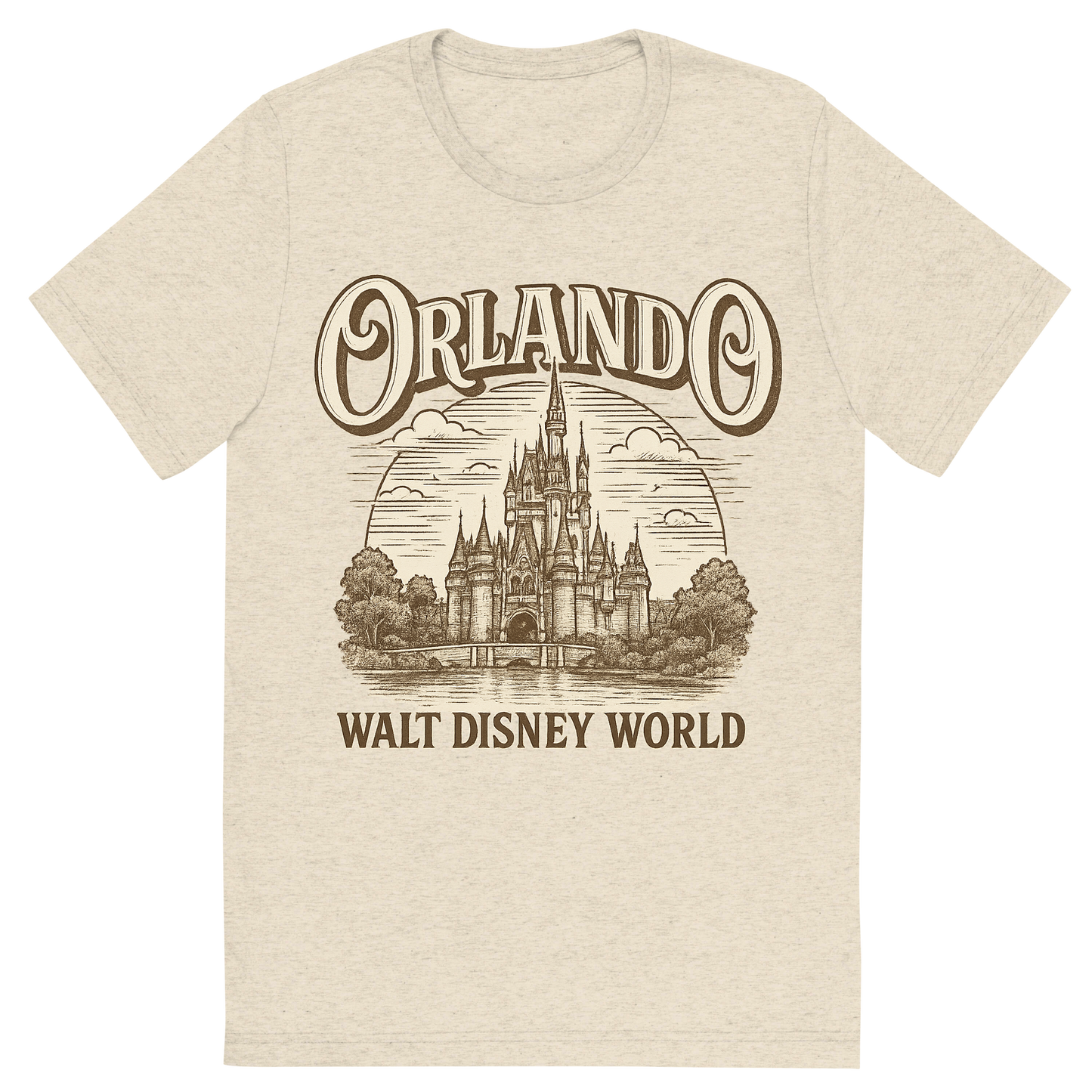Front view of a Premium Tri-Blend Crew Neck T-Shirt in Oatmeal showing 'A typographic, nostalgic graphic of a typographic illustration of the words 'orlando' with a vintage line art drawing of the walt disney world'