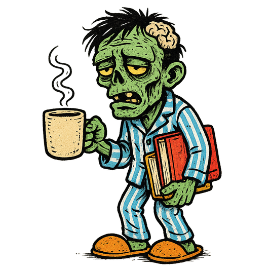 A hand-drawn ink with pop color, comedic graphic of a hand-drawn ink and color illustration of a tired student zombie in pajamas holding a coffee mug and schoolbooks, with the phrase “team no sleep” in stylized lettering above. transparent background, centered composition, optimized for dtg printing. - a t-shirt design