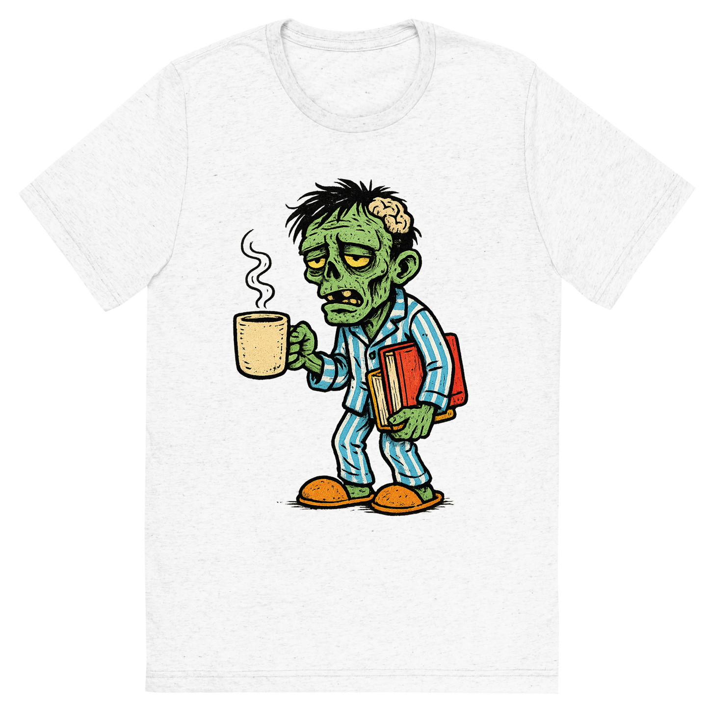Front view of a Premium Tri-Blend Crew Neck T-Shirt in Solid White showing 'A hand-drawn ink with pop color, comedic graphic of a hand-drawn ink and color illustration of a tired student zombie in pajamas holding a coffee mug and schoolbooks, with the phrase “team no sleep” in stylized lettering above. transparent background, centered composition, optimized for dtg printing.'