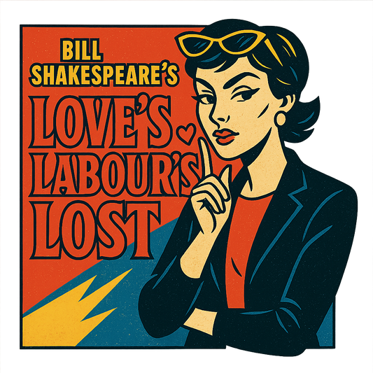 A retro, edgy graphic of a visual representation of a key theme and character from william shakespeare's love's labour's lost – a t-shirt design