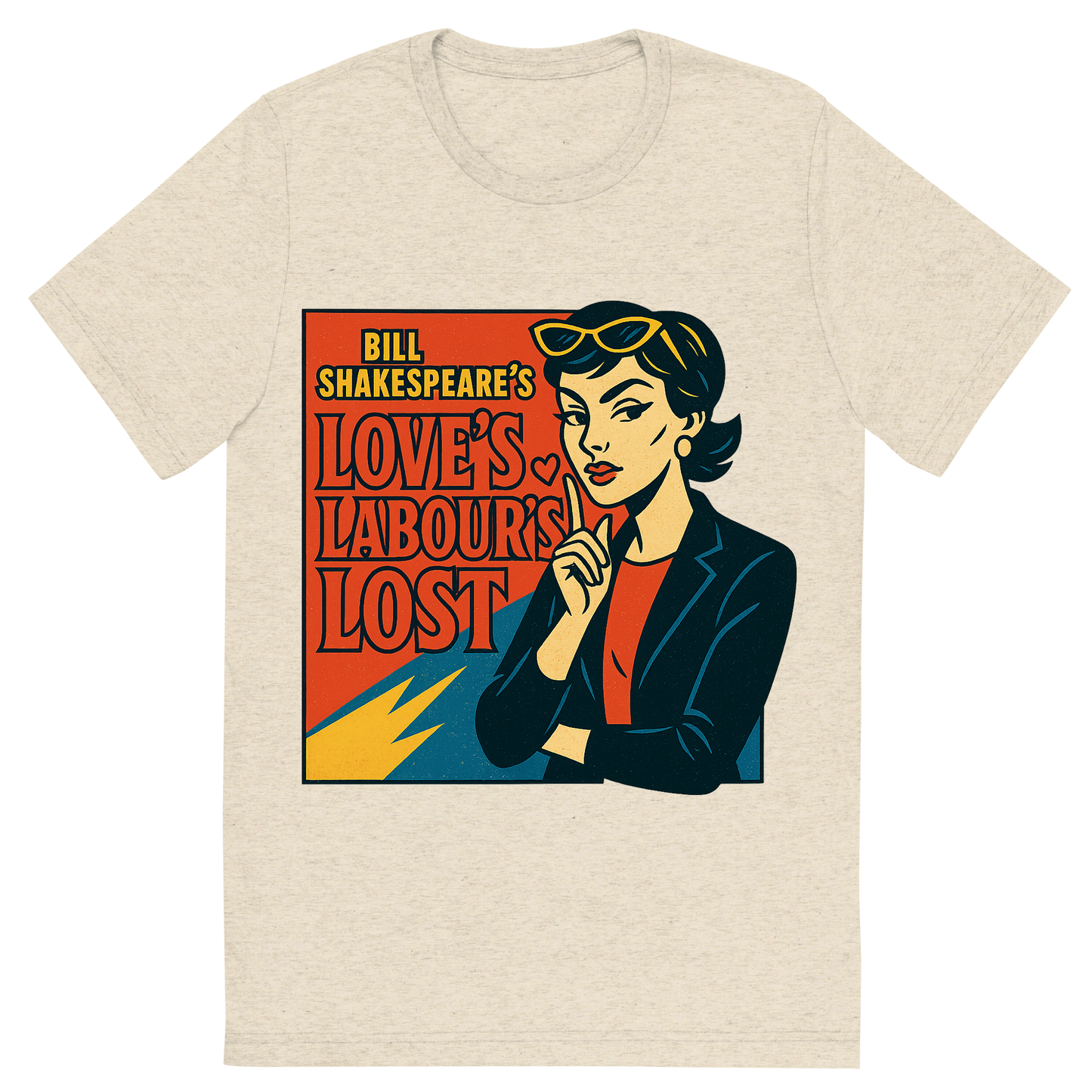 Front view of a Premium Tri-Blend Crew Neck T-Shirt in Oatmeal showing 'A retro, edgy graphic of a visual representation of a key theme and character from william shakespeare's love's labour's lost'