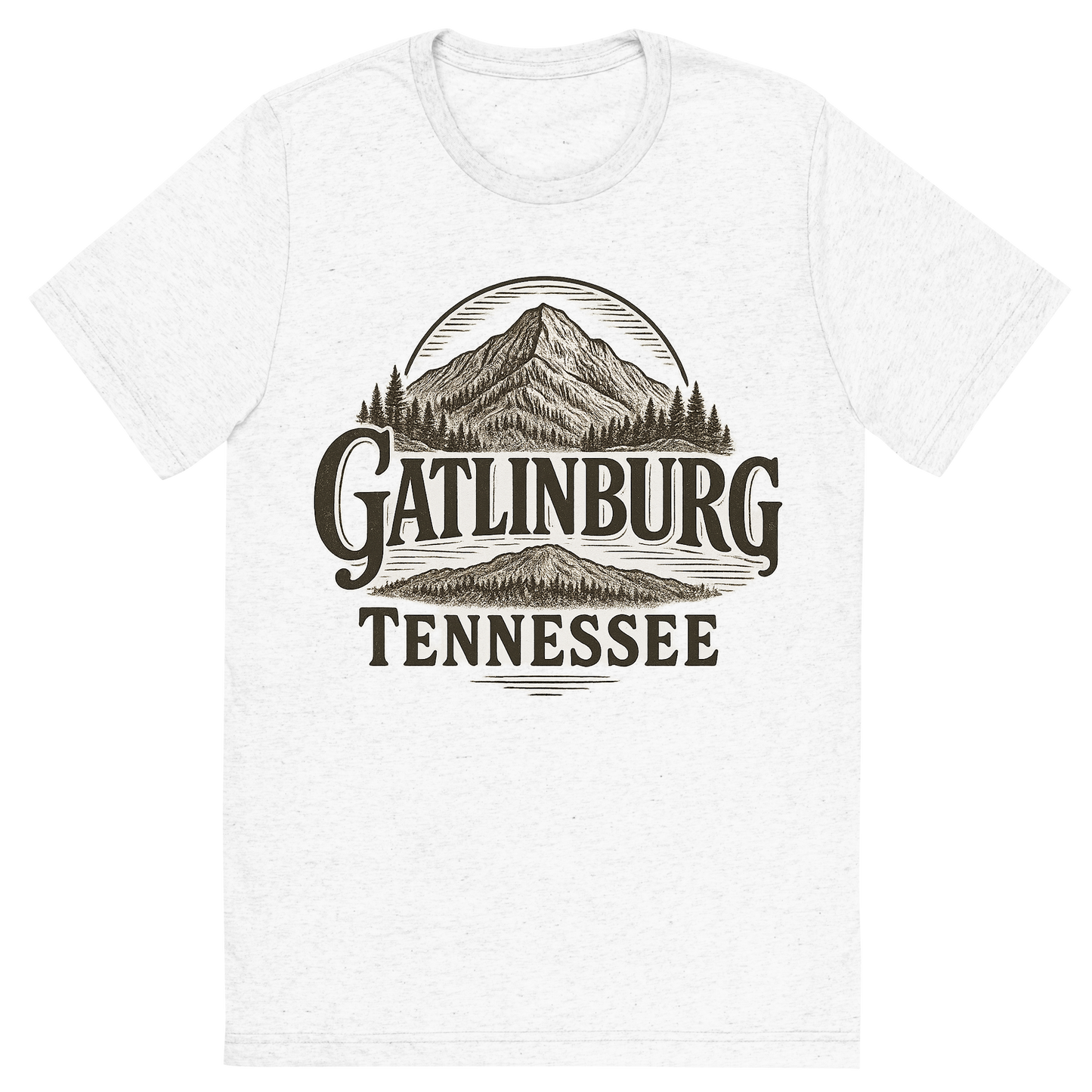 Front view of a Premium Tri-Blend Crew Neck T-Shirt in Solid White showing 'A typographic, nostalgic graphic of a typographic illustration of the words 'gatlinburg, tennessee' with a vintage line art drawing of ober mountain'