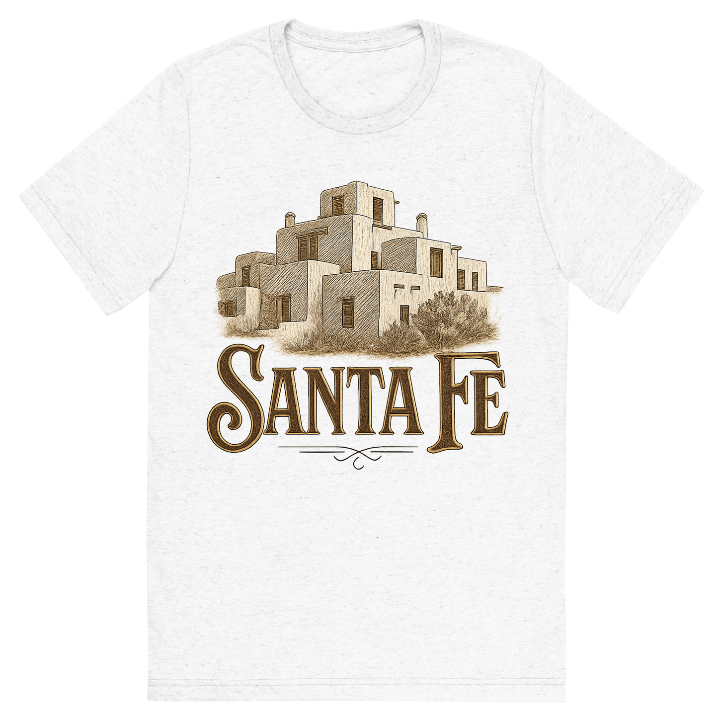 Front view of a Premium Tri-Blend Crew Neck T-Shirt in Solid White showing 'A typographic, nostalgic graphic of a typographic illustration of the words 'santa fe' with a vintage line art drawing of the adobe architecture'