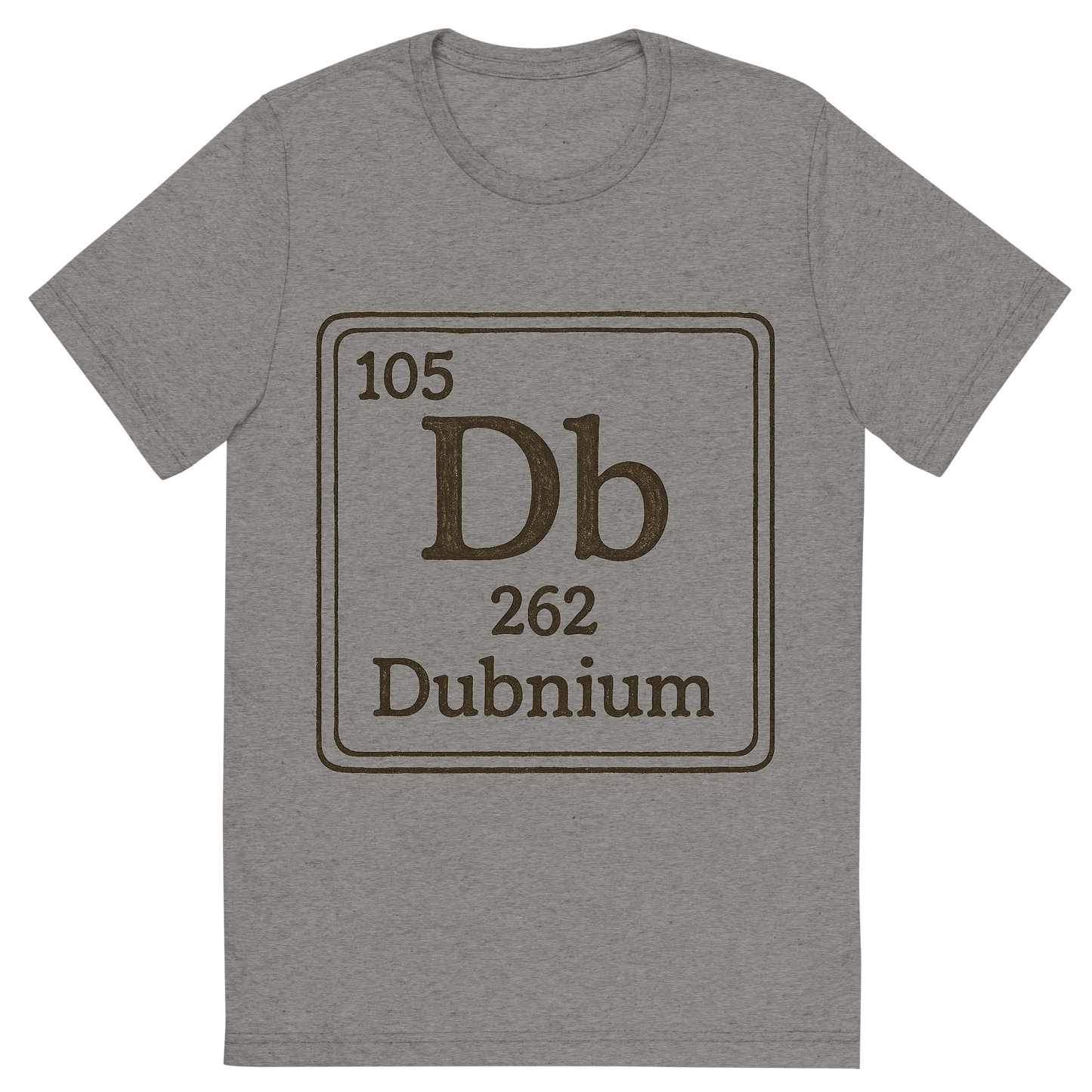 Front view of a Premium Tri-Blend Crew Neck T-Shirt in Grey showing 'A line art, nostalgic graphic of dubnium's entry on the periodic table, use a dark color for the lines and text'