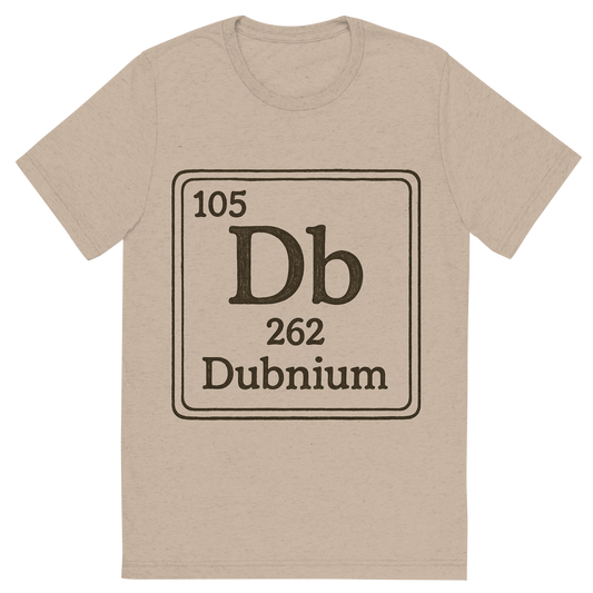 Front view of a Premium Tri-Blend Crew Neck T-Shirt in Tan showing 'A line art, nostalgic graphic of dubnium's entry on the periodic table, use a dark color for the lines and text'