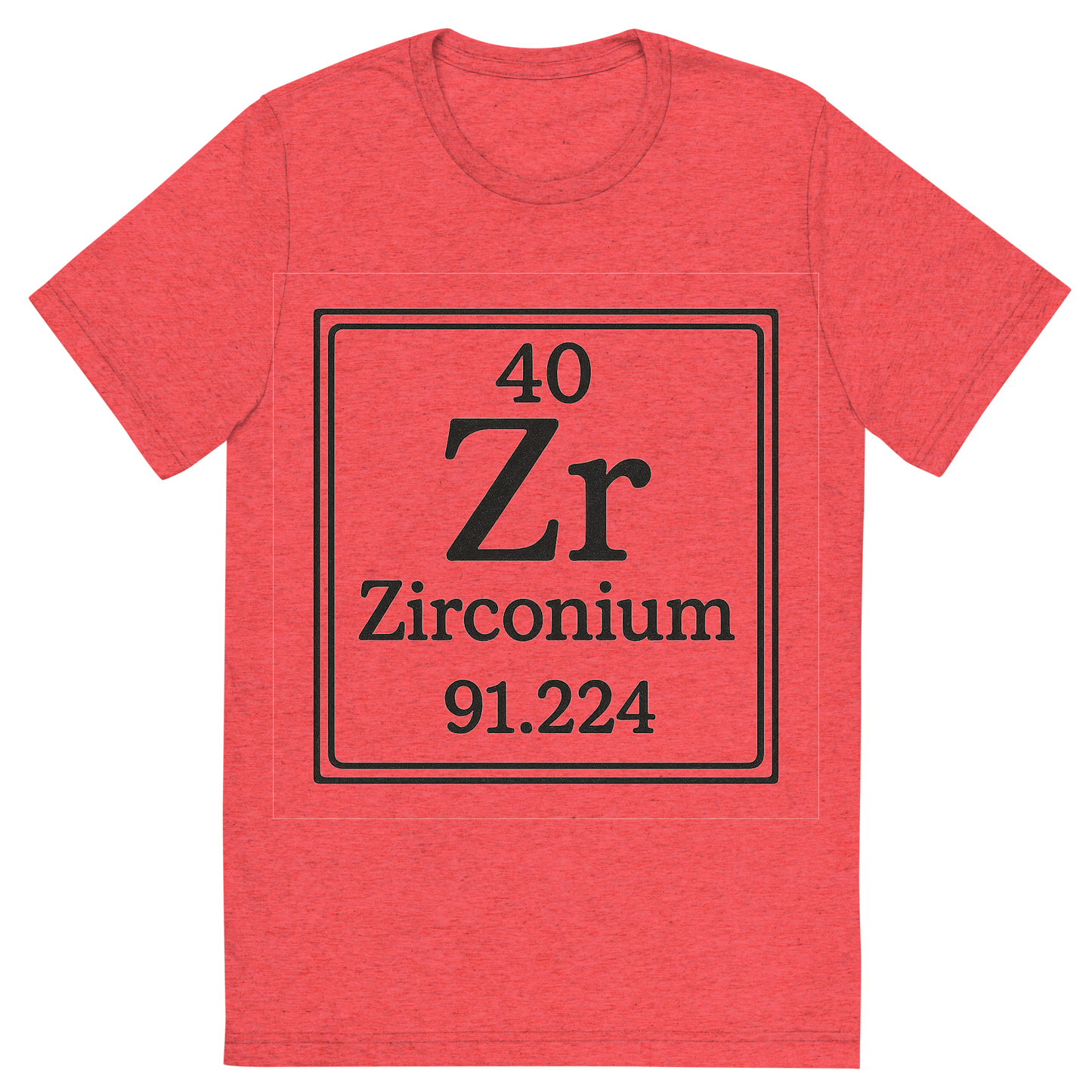 Front view of a Premium Tri-Blend Crew Neck T-Shirt in Red showing 'A line art, nostalgic graphic of zirconium's entry on the periodic table, use a dark color for the lines and text'