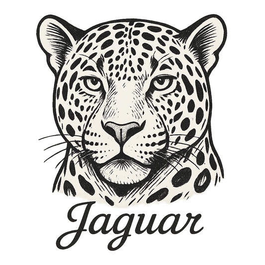 A flat, neutral graphic of a bold sketch of a jaguar with large rosettes and strong jawline. “jaguar” appears in elegant script below. white background, fine linework. – a t-shirt design