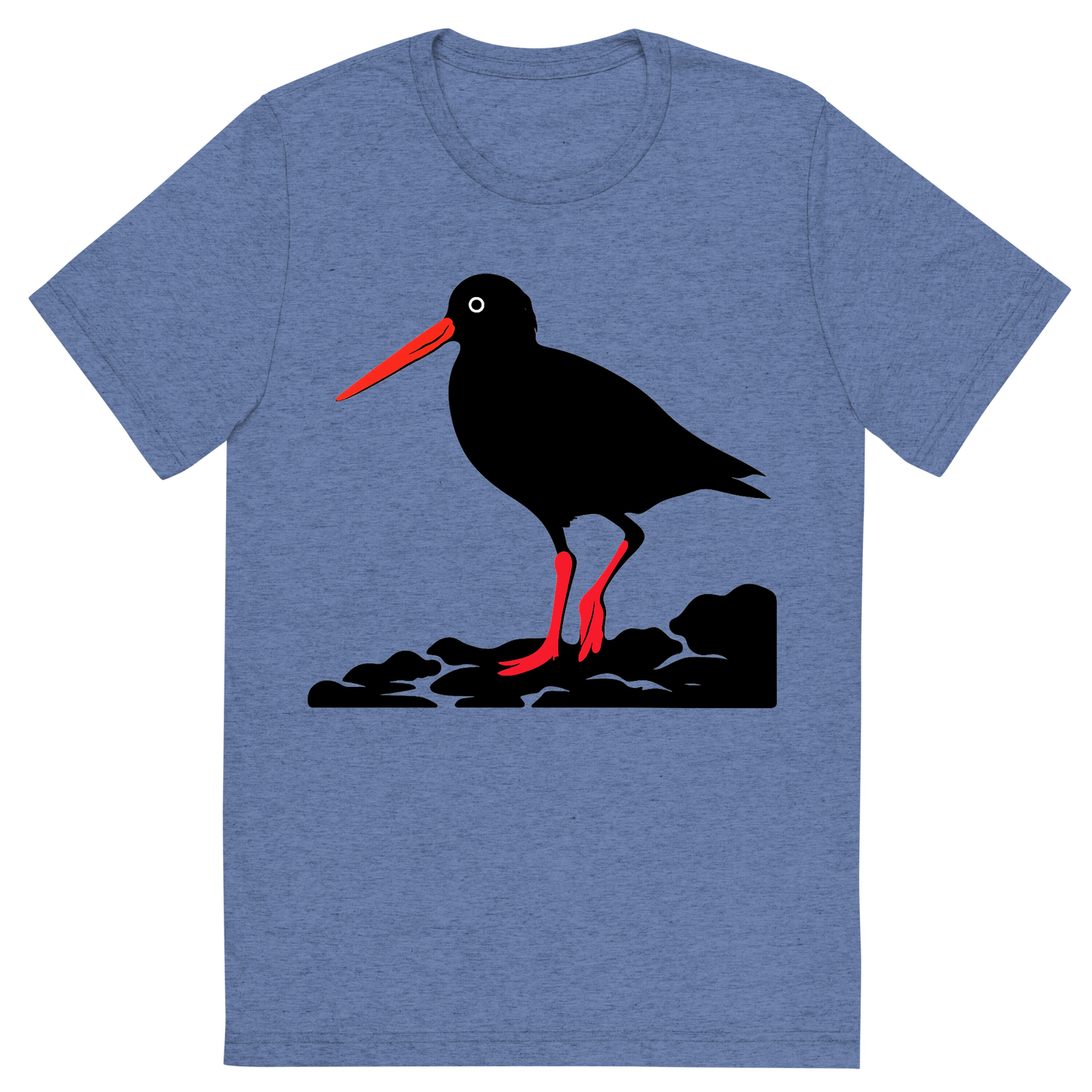 Front view of a Premium Tri-Blend Crew Neck T-Shirt in Blue showing 'A high-contrast silhouette with minimal accent color, striking graphic of a stylized silhouette of an american oystercatcher standing on a rocky shore, long orange bill and pink legs highlighted with color, high contrast silhouette, transparent background, centered composition, optimized for dtg printing'