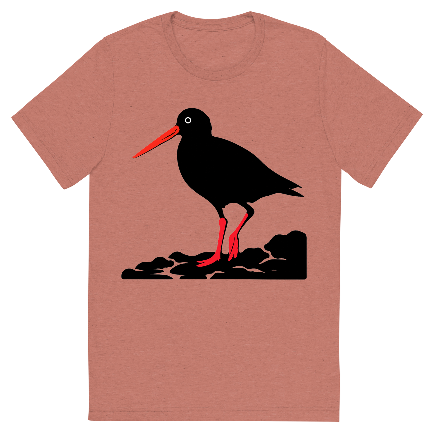 Front view of a Premium Tri-Blend Crew Neck T-Shirt in Mauve showing 'A high-contrast silhouette with minimal accent color, striking graphic of a stylized silhouette of an american oystercatcher standing on a rocky shore, long orange bill and pink legs highlighted with color, high contrast silhouette, transparent background, centered composition, optimized for dtg printing'