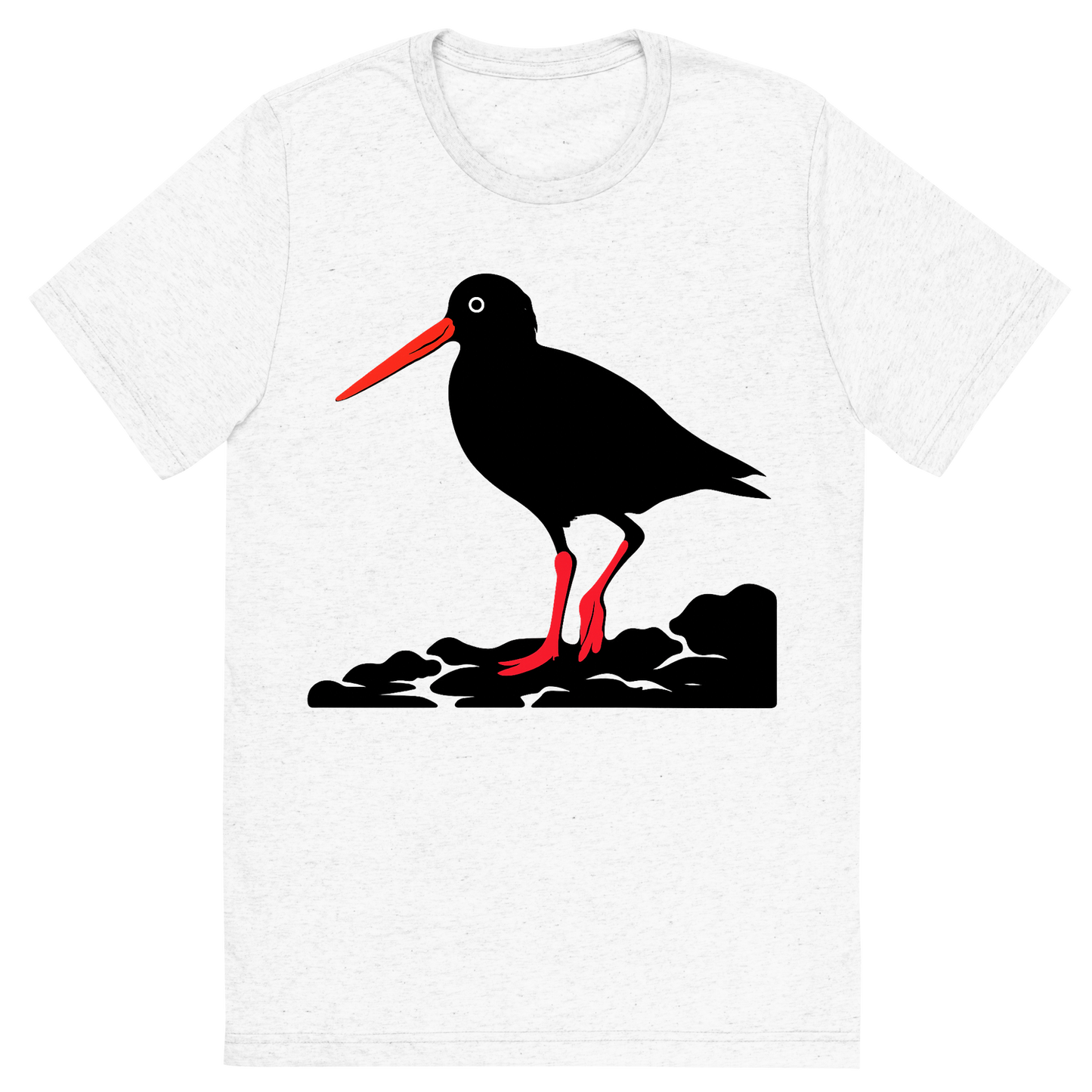 Front view of a Premium Tri-Blend Crew Neck T-Shirt in Solid White showing 'A high-contrast silhouette with minimal accent color, striking graphic of a stylized silhouette of an american oystercatcher standing on a rocky shore, long orange bill and pink legs highlighted with color, high contrast silhouette, transparent background, centered composition, optimized for dtg printing'