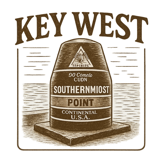 A typographic, nostalgic graphic of a typographic illustration of the words 'key west' with a vintage line art drawing of the southernmost point buoy – a t-shirt design