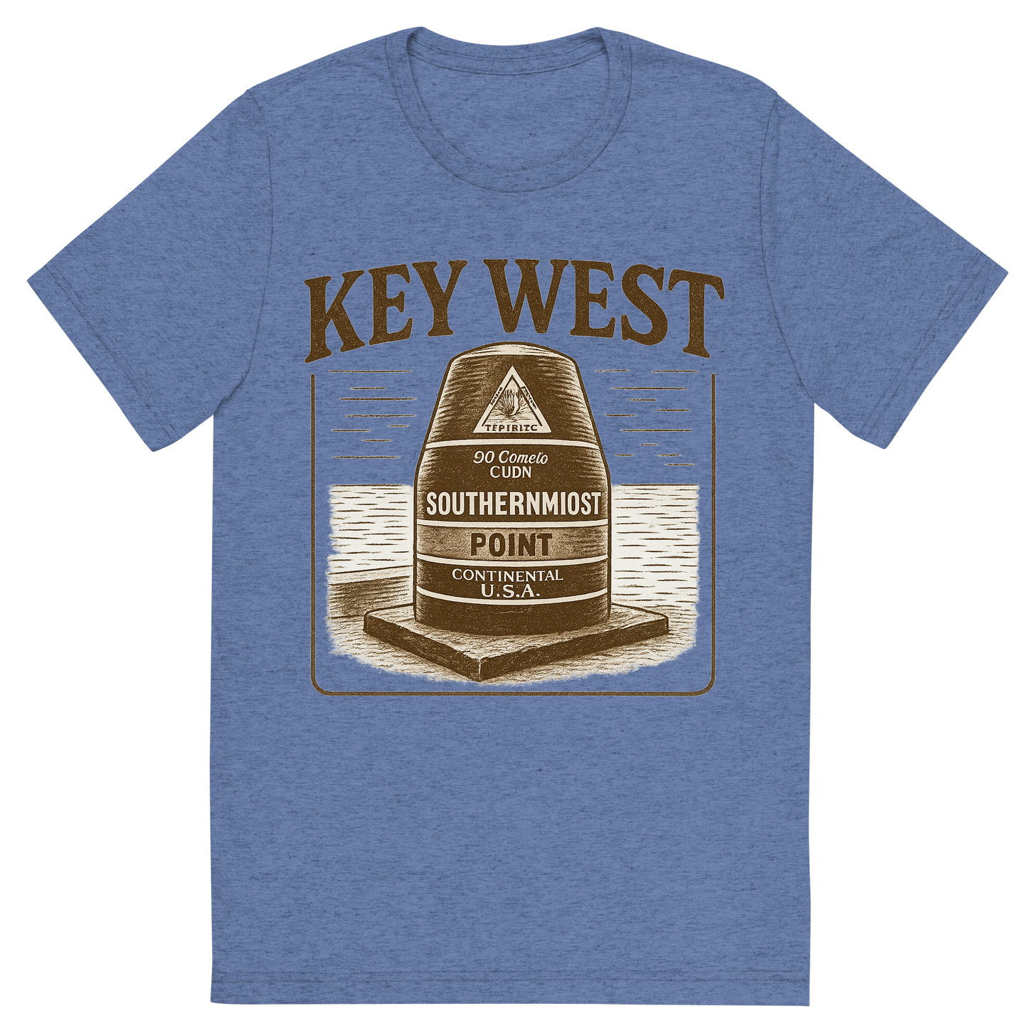 Front view of a Premium Tri-Blend Crew Neck T-Shirt in Blue showing 'A typographic, nostalgic graphic of a typographic illustration of the words 'key west' with a vintage line art drawing of the southernmost point buoy'