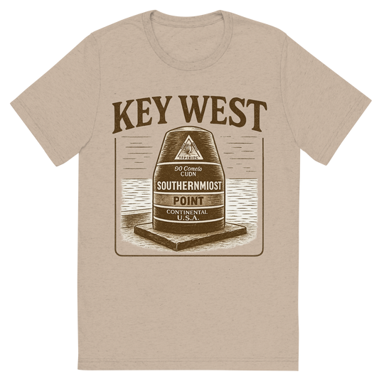 Front view of a Premium Tri-Blend Crew Neck T-Shirt in Tan showing 'A typographic, nostalgic graphic of a typographic illustration of the words 'key west' with a vintage line art drawing of the southernmost point buoy'