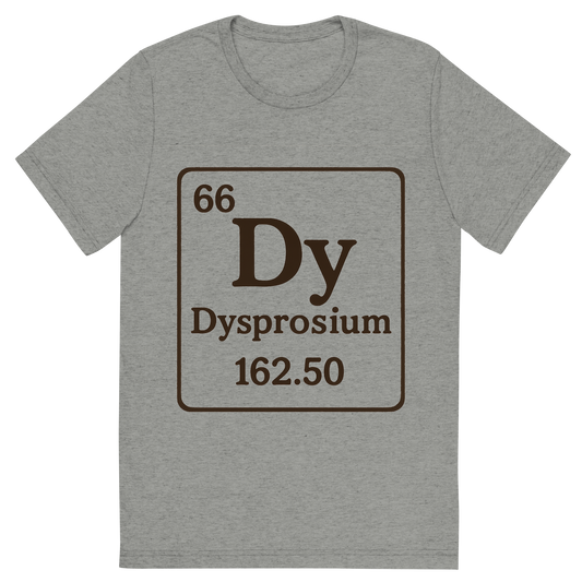 Front view of a Premium Tri-Blend Crew Neck T-Shirt in Athletic Grey showing 'A line art, nostalgic graphic of dysprosium's entry on the periodic table, use a dark color for the lines and text'