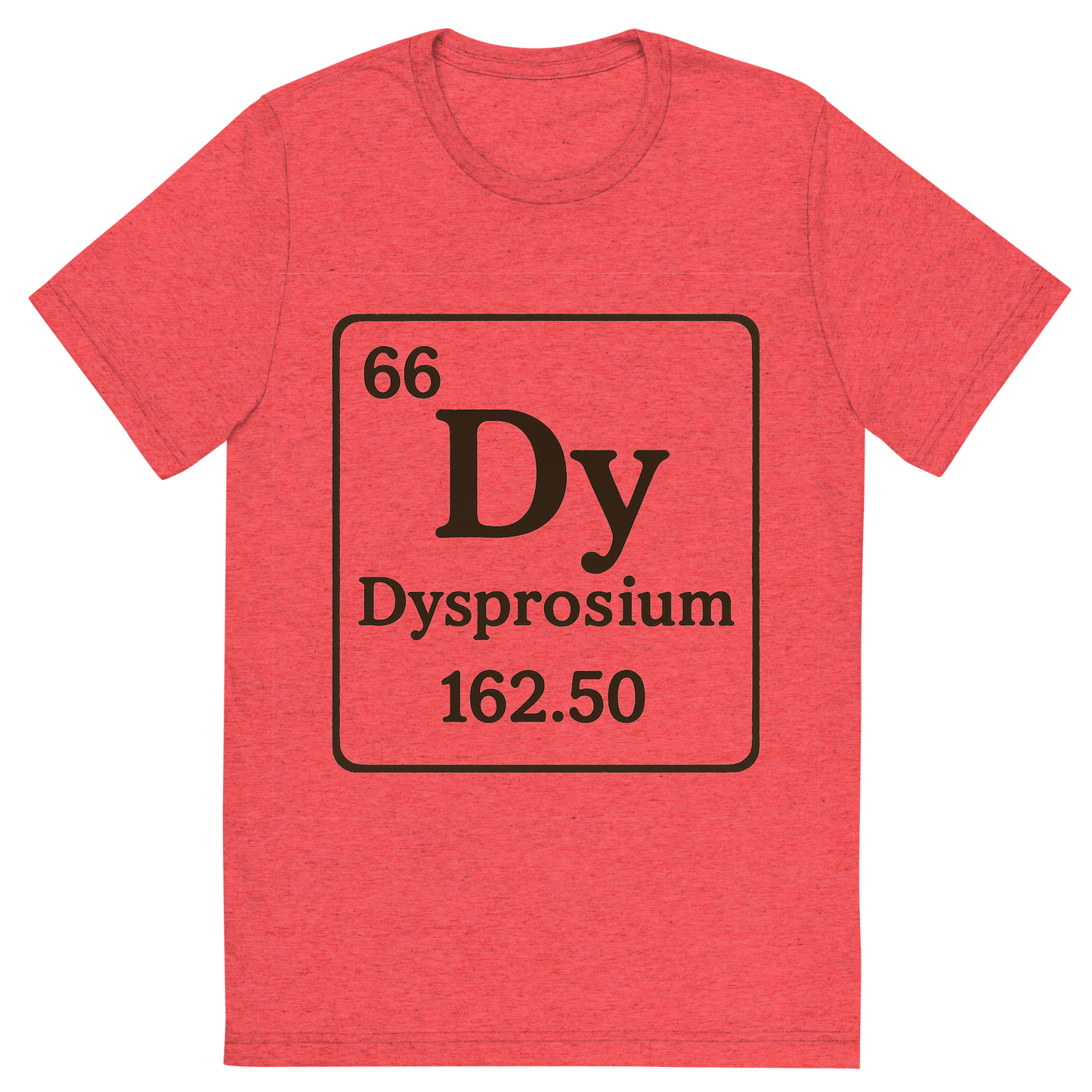 Front view of a Premium Tri-Blend Crew Neck T-Shirt in Red showing 'A line art, nostalgic graphic of dysprosium's entry on the periodic table, use a dark color for the lines and text'