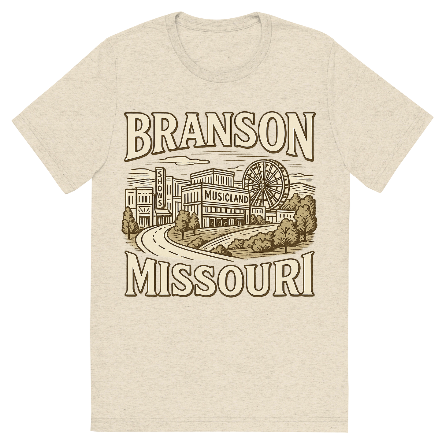 Front view of a Premium Tri-Blend Crew Neck T-Shirt in Oatmeal showing 'A typographic, nostalgic graphic of a typographic illustration of the words 'branson, missouri' with a vintage line art drawing of the branson strip shows'
