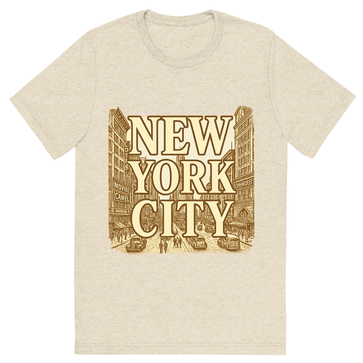 Front view of a Premium Tri-Blend Crew Neck T-Shirt in Oatmeal showing 'A typographic, nostalgic graphic of a typographic illustration of the words 'new york city' with a vintage line art drawing of times square'