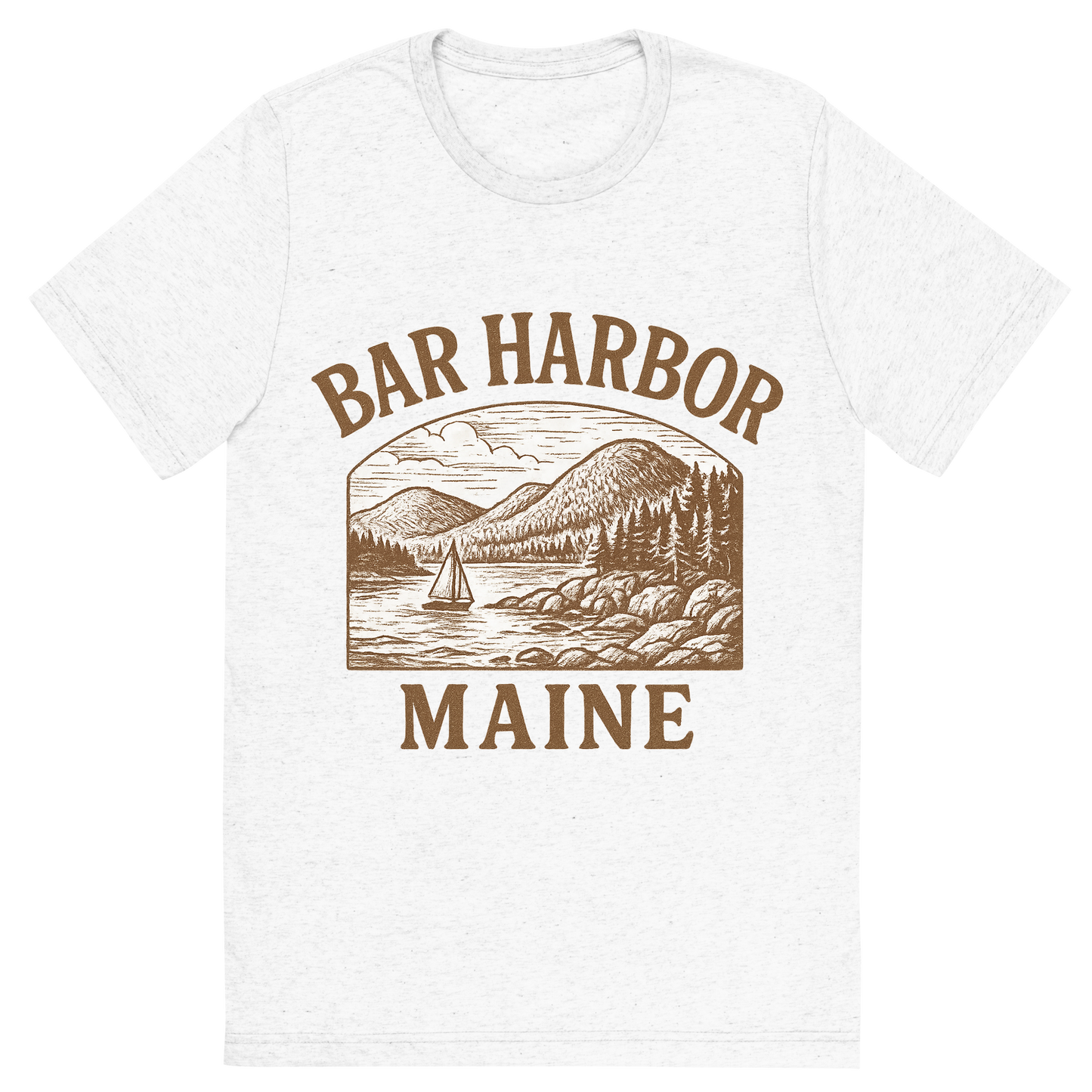 Front view of a Premium Tri-Blend Crew Neck T-Shirt in Solid White showing 'A typographic, nostalgic graphic of a typographic illustration of the words 'bar harbor, maine' with a vintage line art drawing of acadia national park'