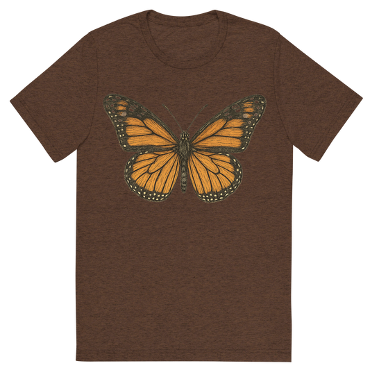 Front view of a Premium Tri-Blend Crew Neck T-Shirt in Brown showing 'A hand-drawn, tranquil graphic of monarch butterfly'