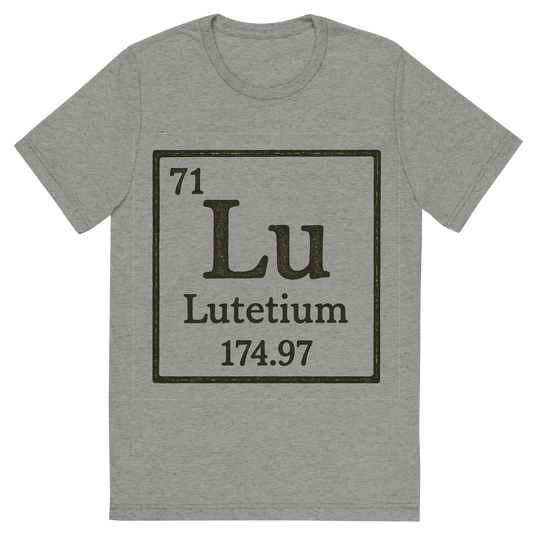 Front view of a Premium Tri-Blend Crew Neck T-Shirt in Athletic Grey showing 'A line art, nostalgic graphic of lutetium's entry on the periodic table, use a dark color for the lines and text'