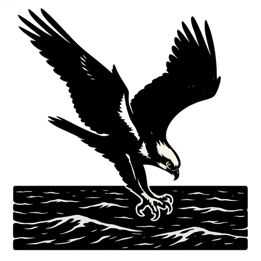 A high-contrast silhouette with minimal accent color, powerful graphic of a high-contrast silhouette of an osprey diving with talons extended over the ocean, wings outstretched in dynamic pose, accented with white head markings, transparent background, optimized for dtg printing - a t-shirt design