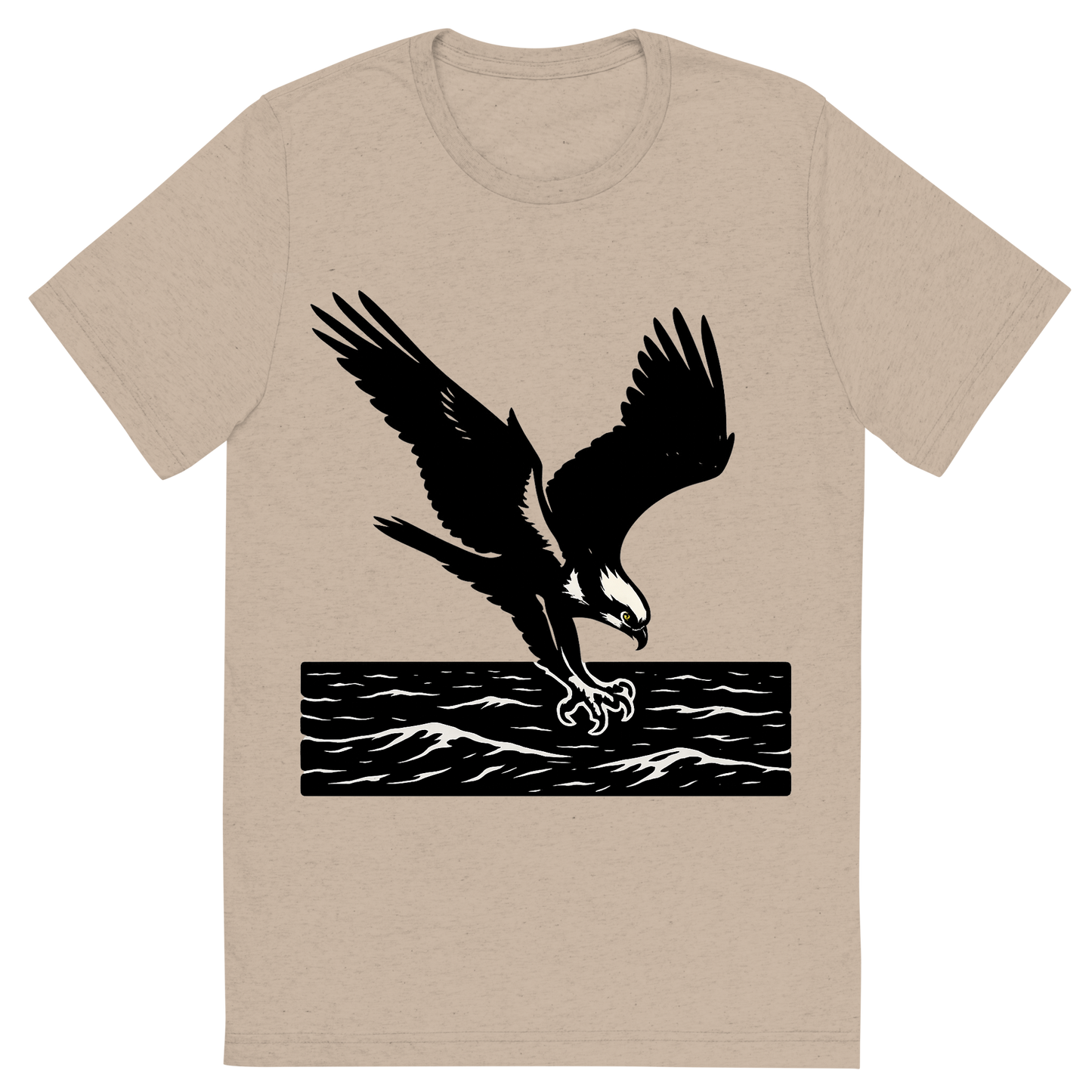 Front view of a Premium Tri-Blend Crew Neck T-Shirt in Tan showing 'A high-contrast silhouette with minimal accent color, powerful graphic of a high-contrast silhouette of an osprey diving with talons extended over the ocean, wings outstretched in dynamic pose, accented with white head markings, transparent background, optimized for dtg printing'