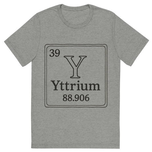 Front view of a Premium Tri-Blend Crew Neck T-Shirt in Athletic Grey showing 'A line art, nostalgic graphic of yttrium's entry on the periodic table, use a dark color for the lines and text'