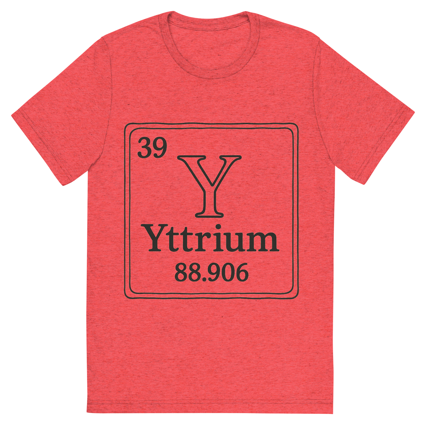 Front view of a Premium Tri-Blend Crew Neck T-Shirt in Red showing 'A line art, nostalgic graphic of yttrium's entry on the periodic table, use a dark color for the lines and text'
