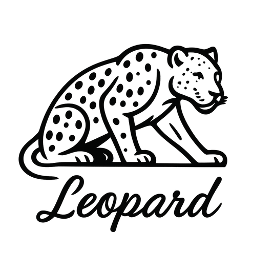 A flat, neutral graphic of a minimalist drawing of a leopard crouched, with visible spots and muscular build. “leopard” is written beneath in flowing script. black ink on white. – a t-shirt design
