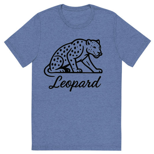 Front view of a Premium Tri-Blend Crew Neck T-Shirt in Blue showing 'A flat, neutral graphic of a minimalist drawing of a leopard crouched, with visible spots and muscular build. “leopard” is written beneath in flowing script. black ink on white.'