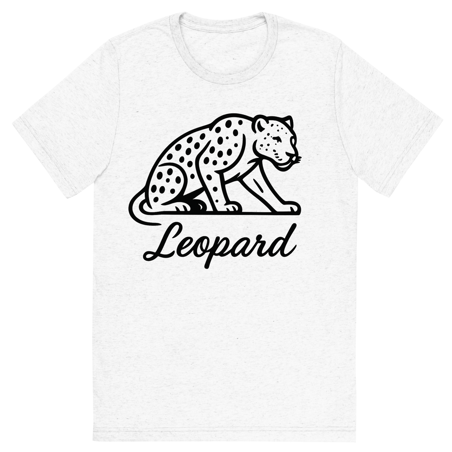 Front view of a Premium Tri-Blend Crew Neck T-Shirt in Solid White showing 'A flat, neutral graphic of a minimalist drawing of a leopard crouched, with visible spots and muscular build. “leopard” is written beneath in flowing script. black ink on white.'