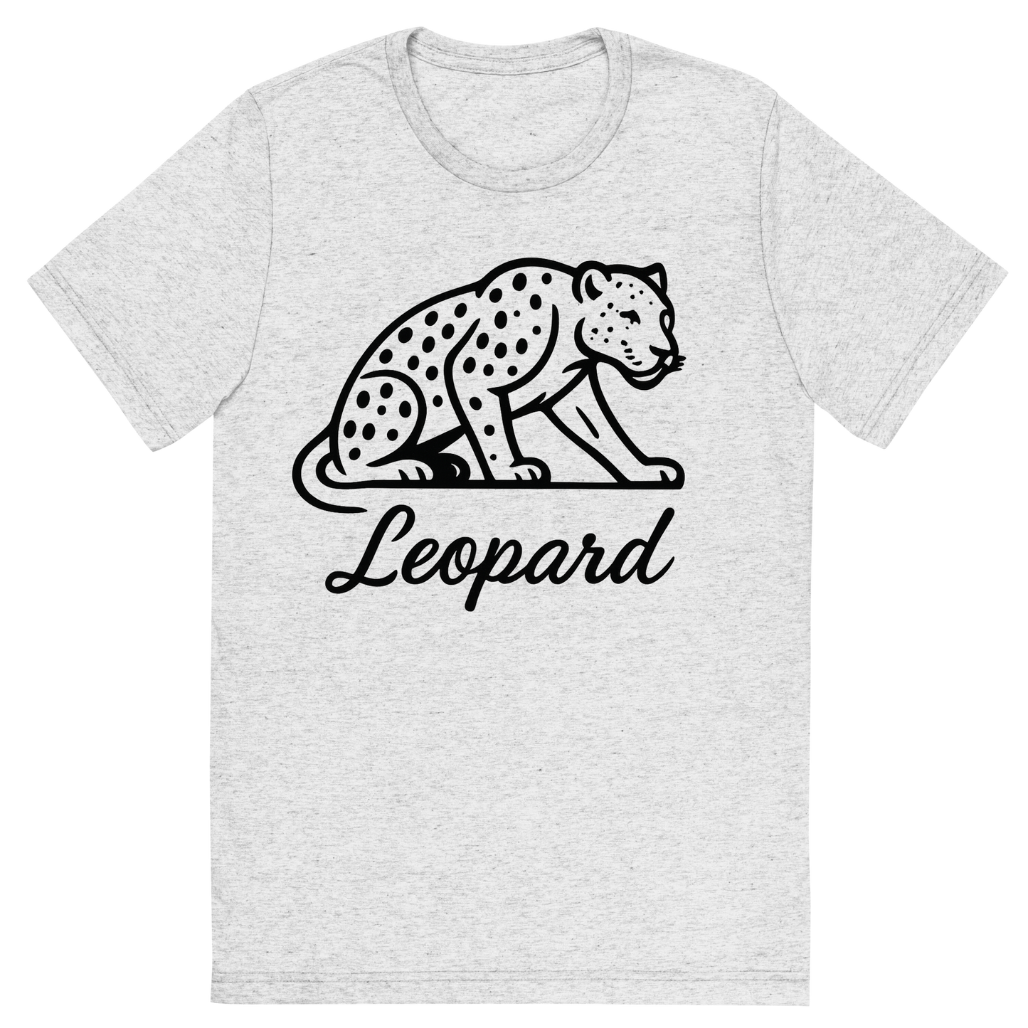 Front view of a Premium Tri-Blend Crew Neck T-Shirt in White Fleck showing 'A flat, neutral graphic of a minimalist drawing of a leopard crouched, with visible spots and muscular build. “leopard” is written beneath in flowing script. black ink on white.'