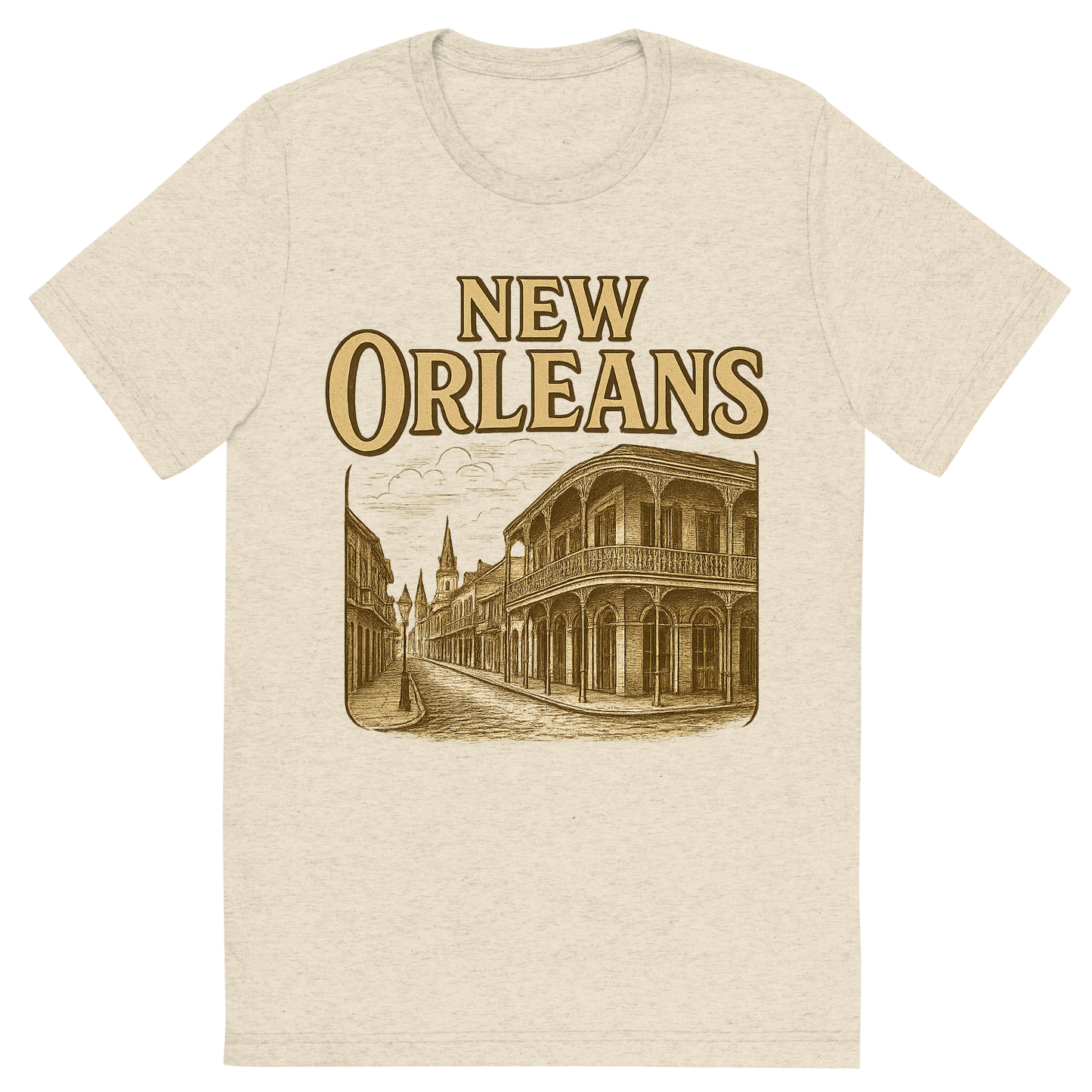 Front view of a Premium Tri-Blend Crew Neck T-Shirt in Oatmeal showing 'A typographic, nostalgic graphic of a typographic illustration of the words 'new orleans' with a vintage line art drawing of the french quarter'