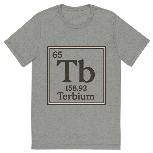 Front view of a Premium Tri-Blend Crew Neck T-Shirt in Athletic Grey showing 'A line art, nostalgic graphic of terbium's entry on the periodic table, use a dark color for the lines and text'