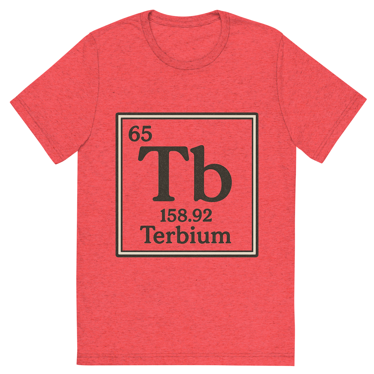 Front view of a Premium Tri-Blend Crew Neck T-Shirt in Red showing 'A line art, nostalgic graphic of terbium's entry on the periodic table, use a dark color for the lines and text'