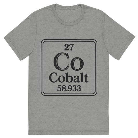 Front view of a Premium Tri-Blend Crew Neck T-Shirt in Athletic Grey showing 'A line art, nostalgic graphic of cobalt's entry on the periodic table, use a dark color for the lines and text'