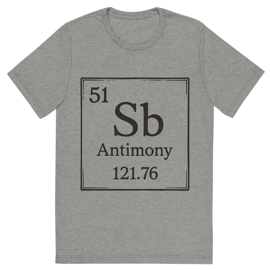 Front view of a Premium Tri-Blend Crew Neck T-Shirt in Athletic Grey showing 'A line art, nostalgic graphic of antimony's entry on the periodic table, use a dark color for the lines and text'