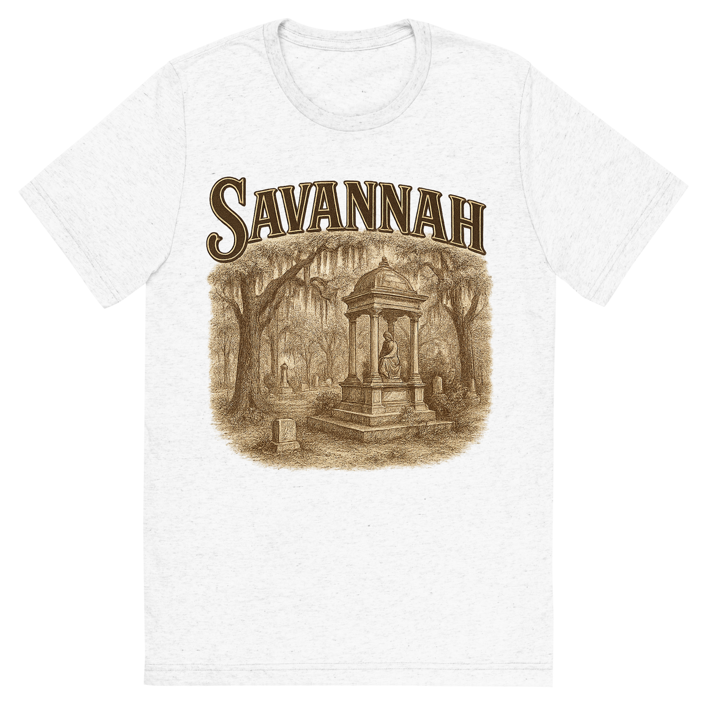 Front view of a Premium Tri-Blend Crew Neck T-Shirt in Solid White showing 'A typographic, nostalgic graphic of a typographic illustration of the words 'savannah' with a vintage line art drawing of the bonaventure cemetery'