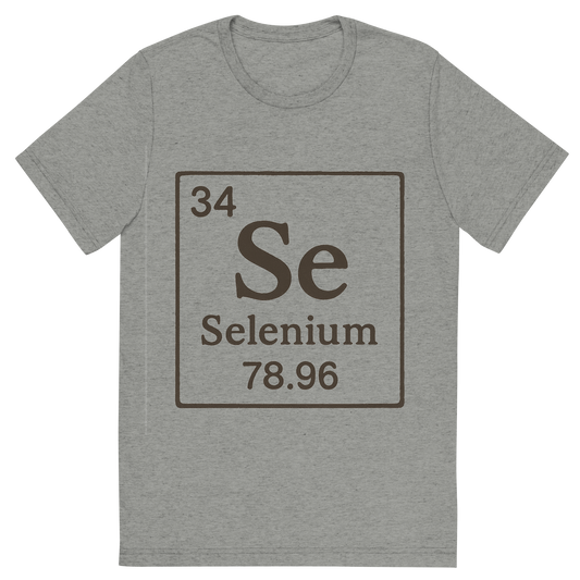 Front view of a Premium Tri-Blend Crew Neck T-Shirt in Athletic Grey showing 'A line art, nostalgic graphic of selenium's entry on the periodic table, use a dark color for the lines and text'