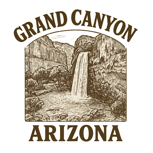 A typographic, nostalgic graphic of a typographic illustration of the words 'grand canyon, arizona' with a vintage line art drawing of the havasu falls – a t-shirt design