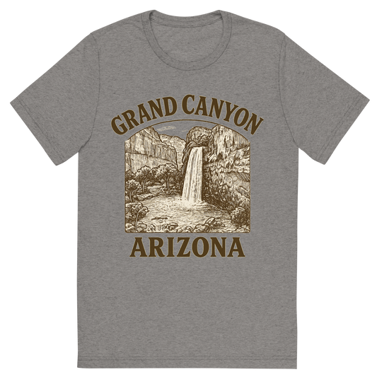 Front view of a Premium Tri-Blend Crew Neck T-Shirt in Grey showing 'A typographic, nostalgic graphic of a typographic illustration of the words 'grand canyon, arizona' with a vintage line art drawing of the havasu falls'