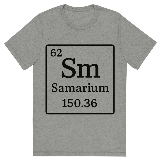 Front view of a Premium Tri-Blend Crew Neck T-Shirt in Athletic Grey showing 'A line art, nostalgic graphic of samarium's entry on the periodic table, use a dark color for the lines and text'