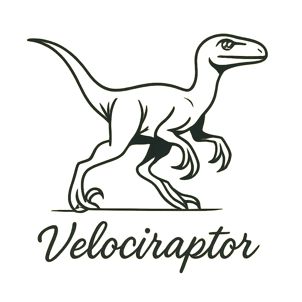 A flat, neutral graphic of a sleek sketch of a velociraptor in motion, shown with its sickle claws and alert posture. “velociraptor” is written below in script. ink illustration on a white background. - a t-shirt design