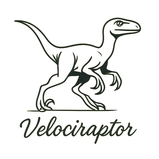 A flat, neutral graphic of a sleek sketch of a velociraptor in motion, shown with its sickle claws and alert posture. “velociraptor” is written below in script. ink illustration on a white background. - a t-shirt design