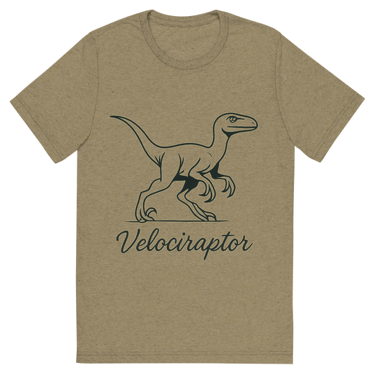 Front view of a Premium Tri-Blend Crew Neck T-Shirt in Olive showing 'A flat, neutral graphic of a sleek sketch of a velociraptor in motion, shown with its sickle claws and alert posture. “velociraptor” is written below in script. ink illustration on a white background.'